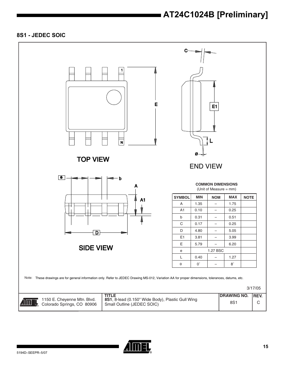 8s1 - jedec soic, Top view, End view | Side view | Rainbow Electronics AT24C1024B User Manual | Page 15 / 21