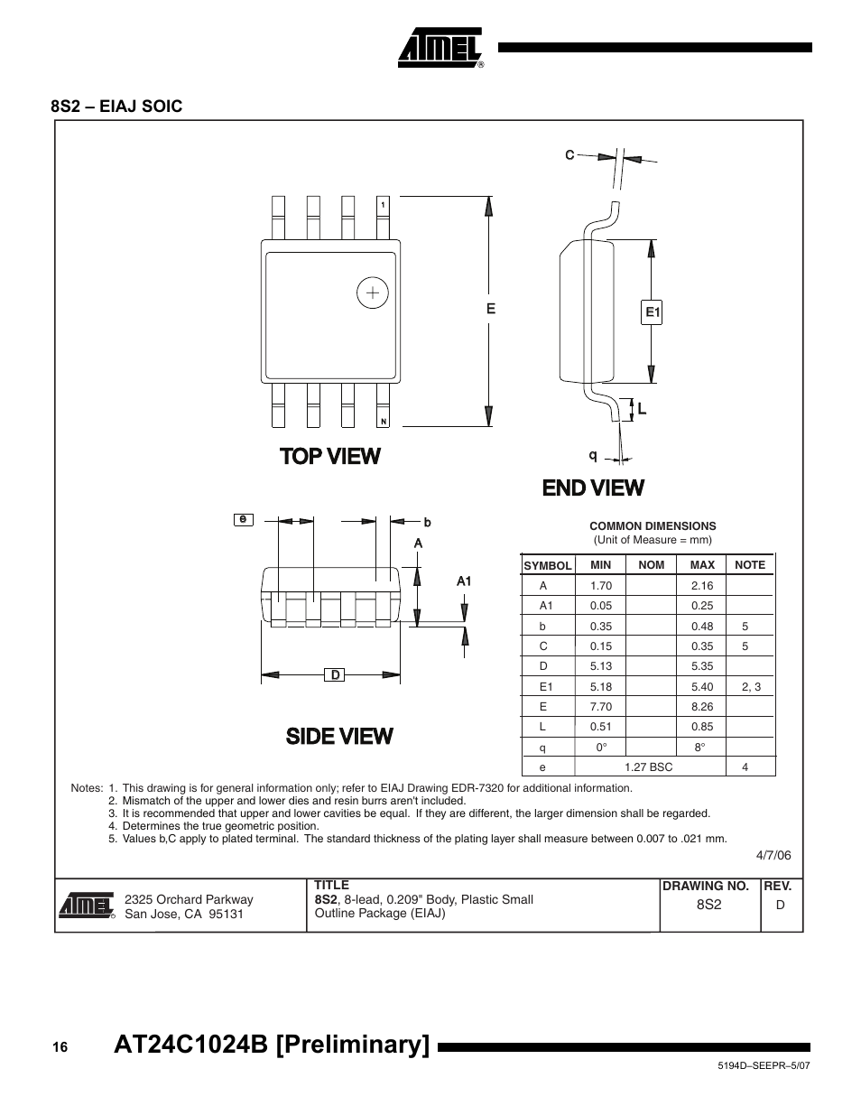 8s2 - eiaj soic, Top view, End view | Side view, 8s2 – eiaj soic | Rainbow Electronics AT24C1024B User Manual | Page 16 / 21