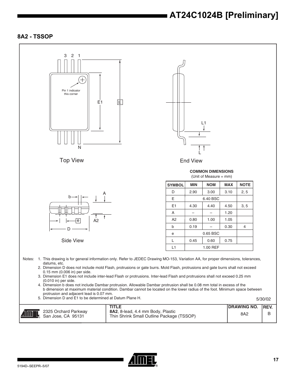 8a2 - tssop, Top view, End view | Rainbow Electronics AT24C1024B User Manual | Page 17 / 21