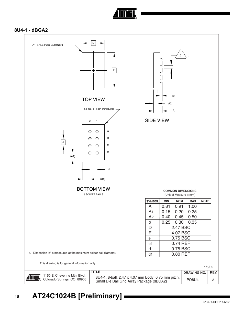 8u4-1 - dbga2, Side view top view, Bottom view | Rainbow Electronics AT24C1024B User Manual | Page 18 / 21
