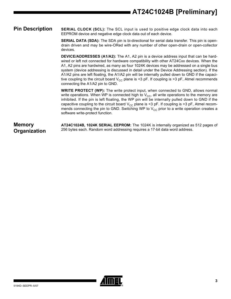 Pin description, Memory organization | Rainbow Electronics AT24C1024B User Manual | Page 3 / 21