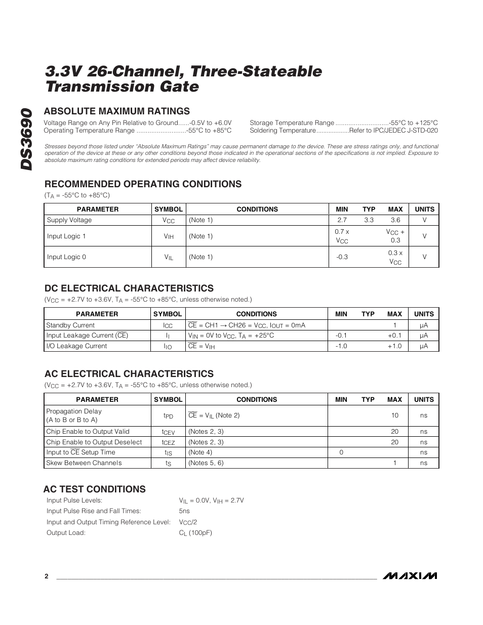 Dc electrical characteristics, Ac electrical characteristics, Ac test conditions | Rainbow Electronics DS3690 User Manual | Page 2 / 7