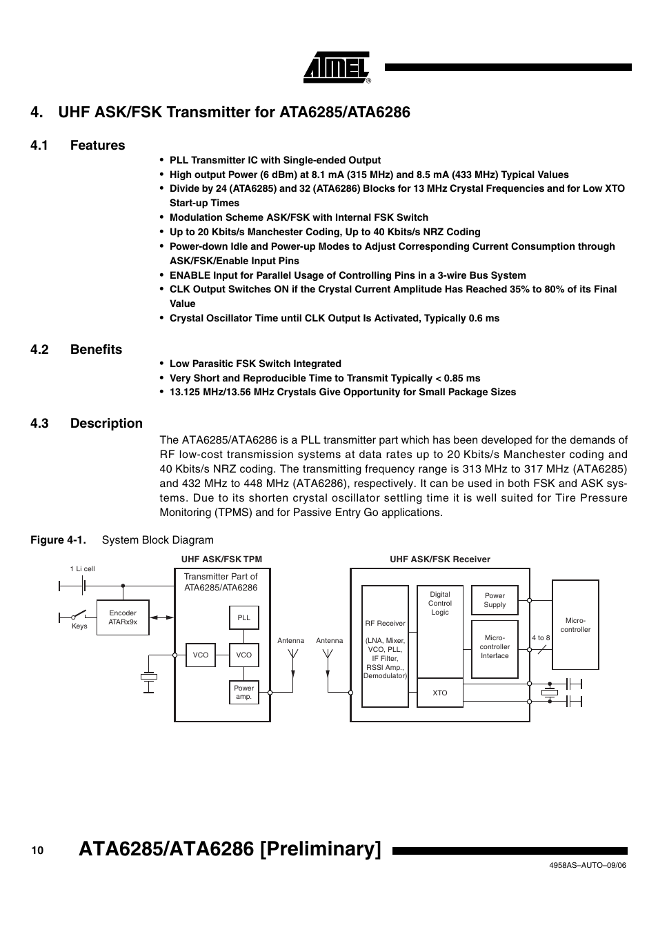 1 features, 2 benefits, 3 description | Rainbow Electronics ATA6286 User Manual | Page 10 / 18