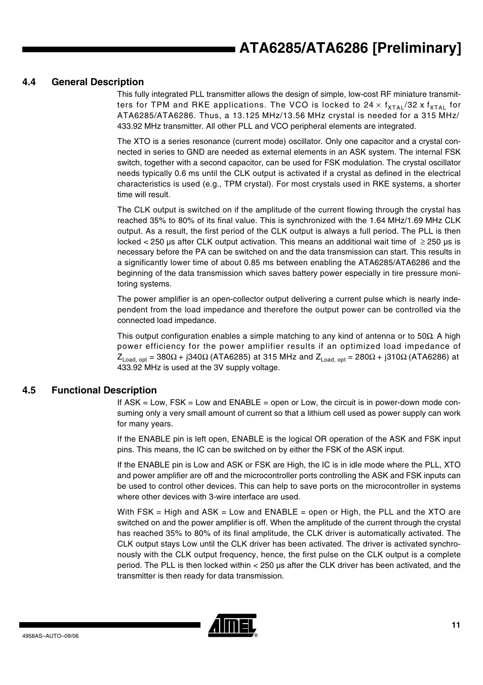 4 general description, 5 functional description | Rainbow Electronics ATA6286 User Manual | Page 11 / 18