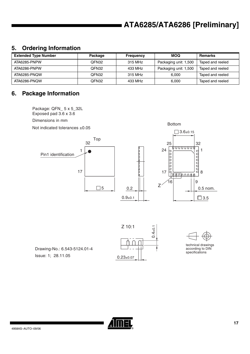 Package information 5. ordering information | Rainbow Electronics ATA6286 User Manual | Page 17 / 18