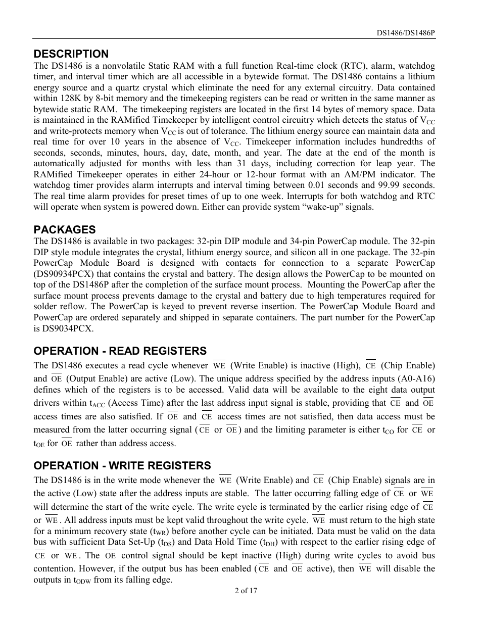 Description, Packages, Operation - read registers | Operation - write registers | Rainbow Electronics DS1486P User Manual | Page 2 / 17