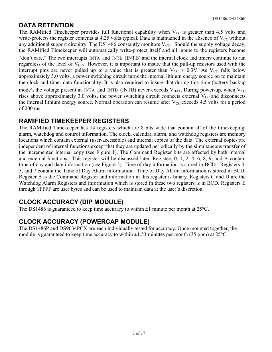 Data retention, Ramified timekeeper registers, Clock accuracy (dip module) | Clock accuracy (powercap module) | Rainbow Electronics DS1486P User Manual | Page 3 / 17