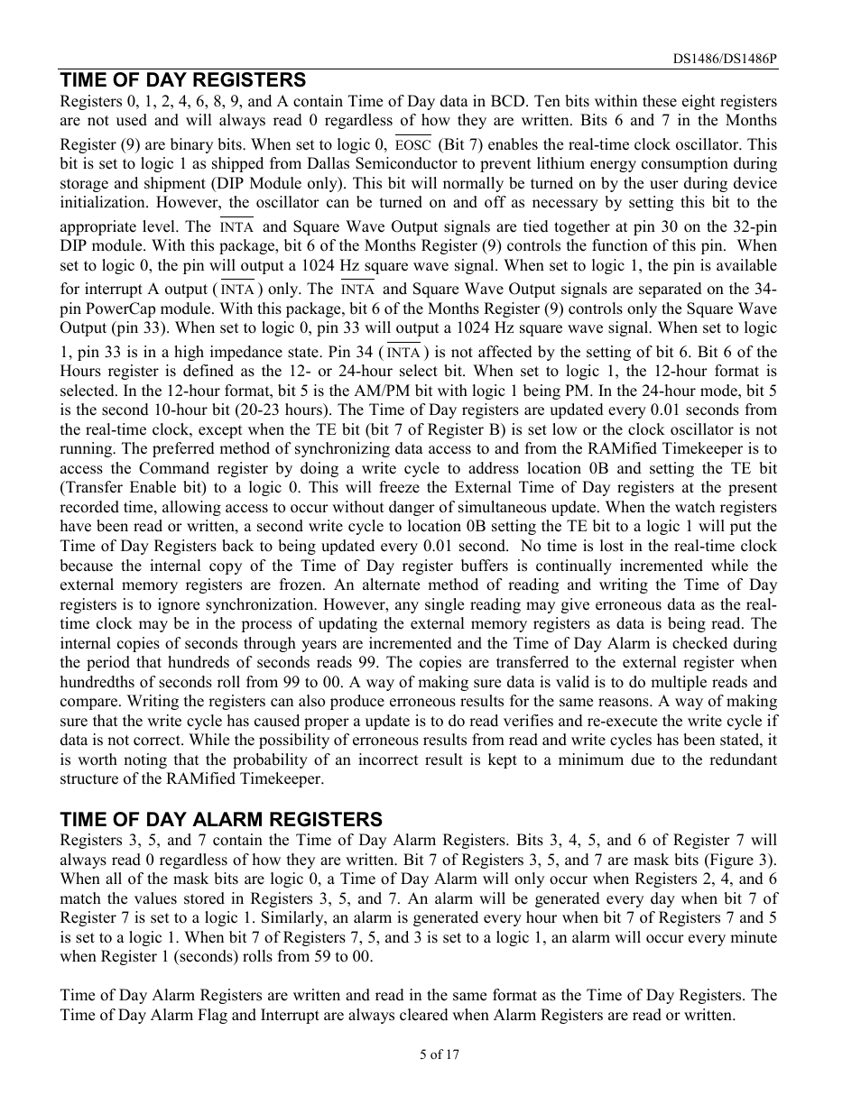 Time of day registers, Time of day alarm registers | Rainbow Electronics DS1486P User Manual | Page 5 / 17
