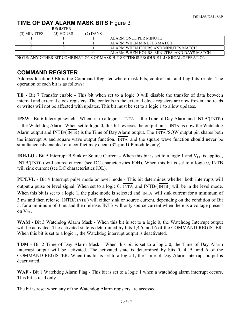 Time of day alarm mask bits figure 3, Command register | Rainbow Electronics DS1486P User Manual | Page 7 / 17
