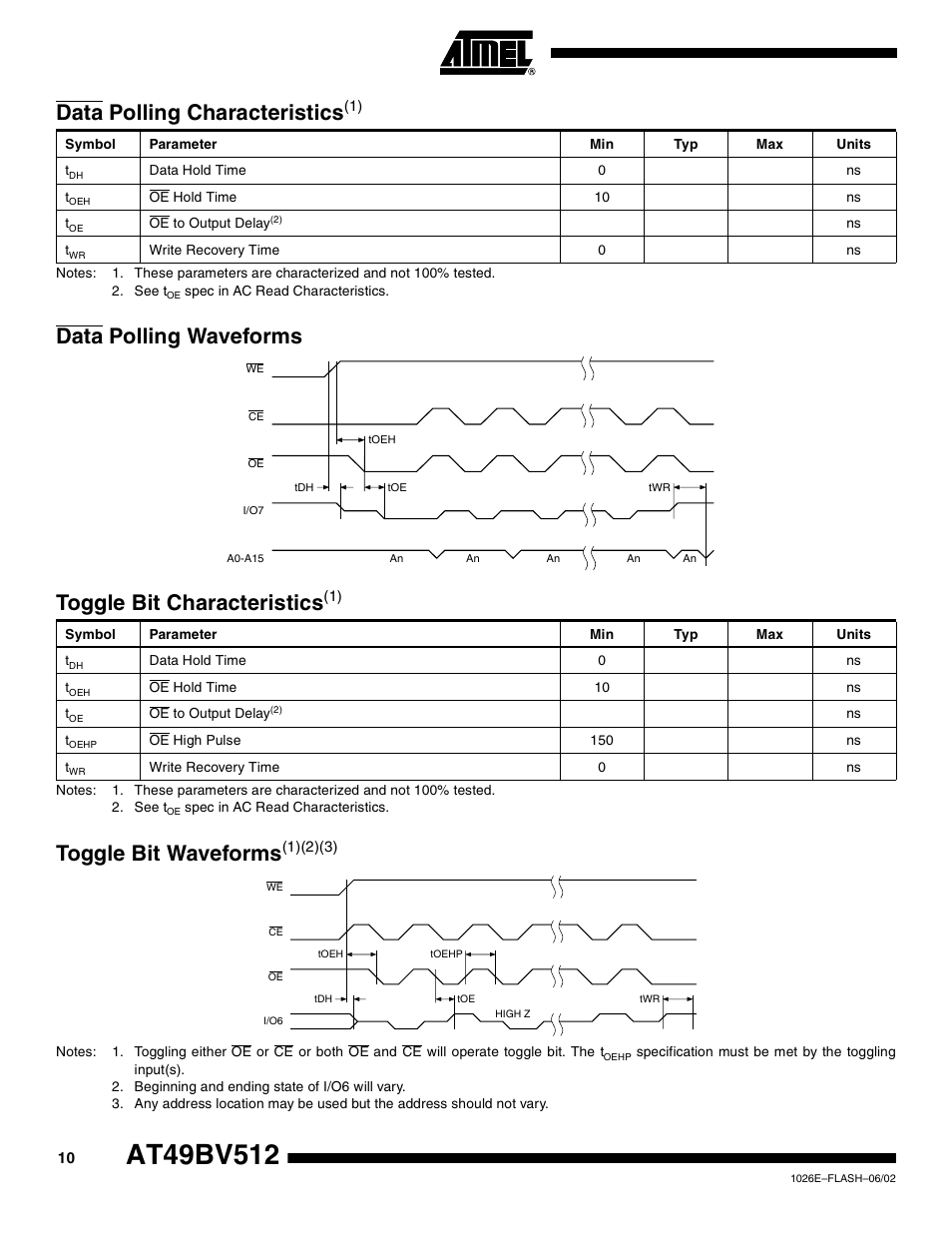 Data polling characteristics(1), Data polling waveforms, Toggle bit characteristics(1) | Toggle bit waveforms(1)(2)(3), Toggle bit waveform s, Data polling characteristi cs, Toggle bit characteristic s | Rainbow Electronics AT49BV512 User Manual | Page 10 / 17