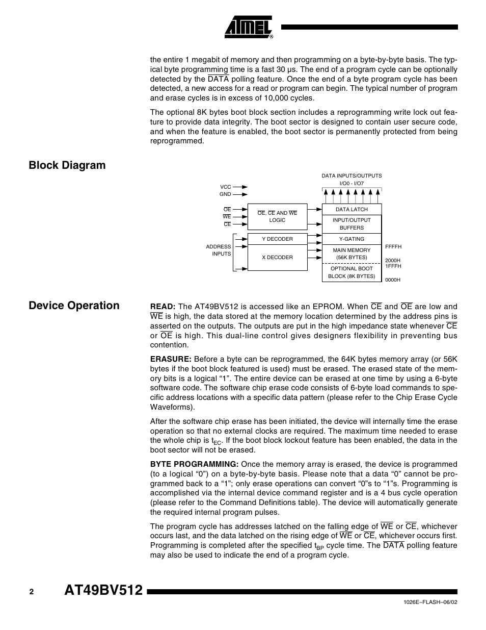 Block diagram, Device operation, Block diagram device operation | Rainbow Electronics AT49BV512 User Manual | Page 2 / 17