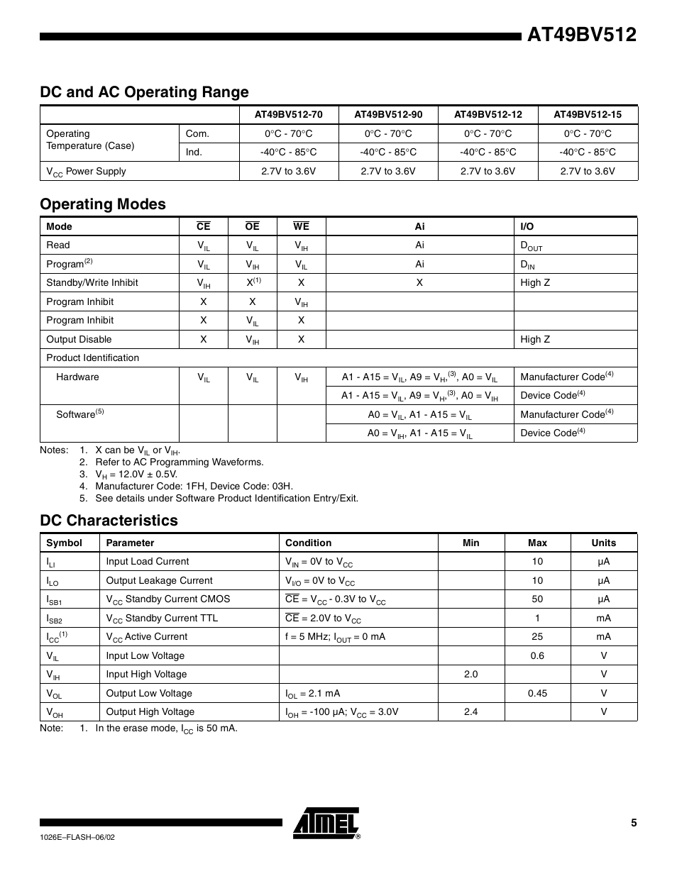 Dc and ac operating range, Operating modes, Dc characteristics | Rainbow Electronics AT49BV512 User Manual | Page 5 / 17