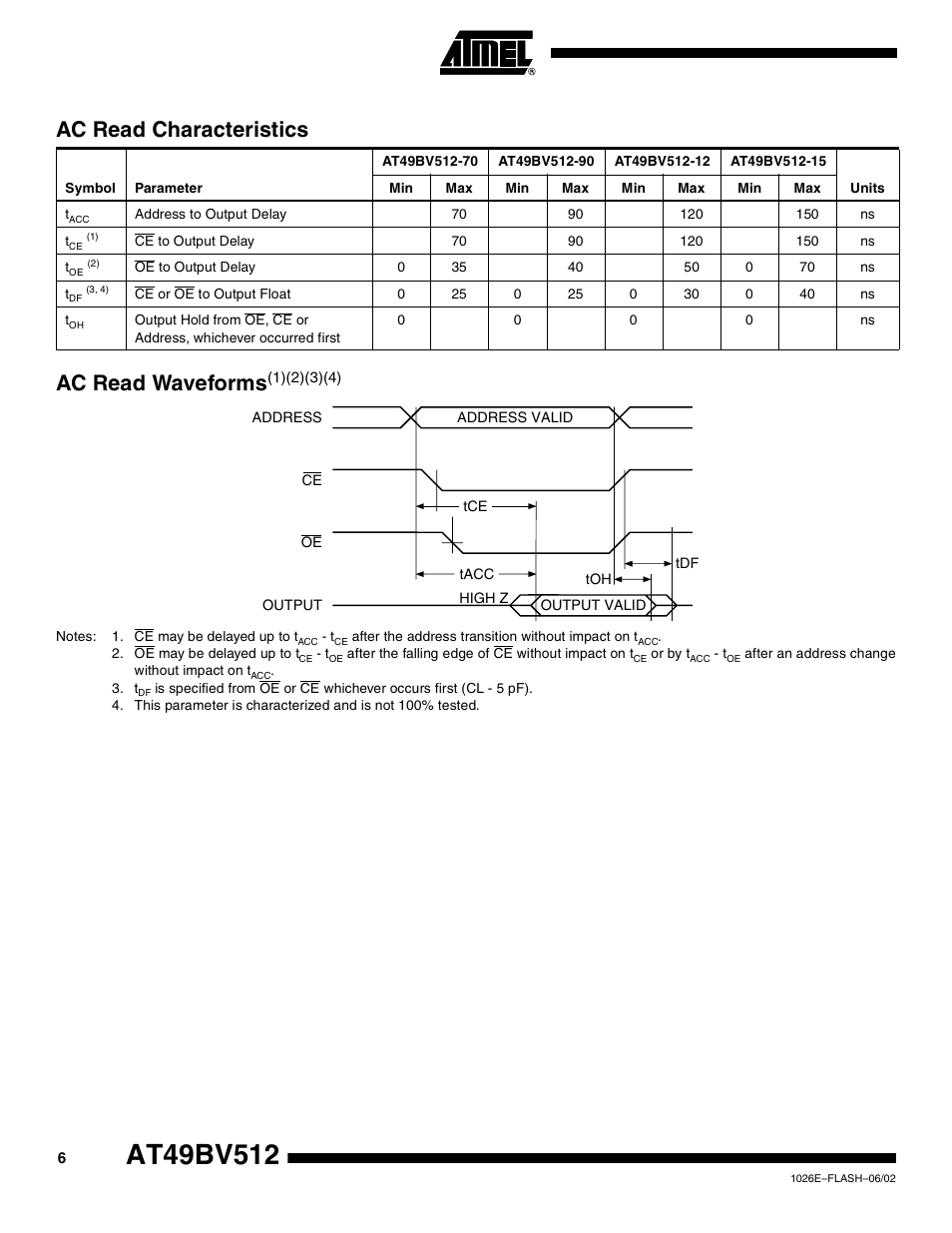 Ac read characteristics, Ac read waveforms(1)(2)(3)(4), Ac read waveforms | Rainbow Electronics AT49BV512 User Manual | Page 6 / 17