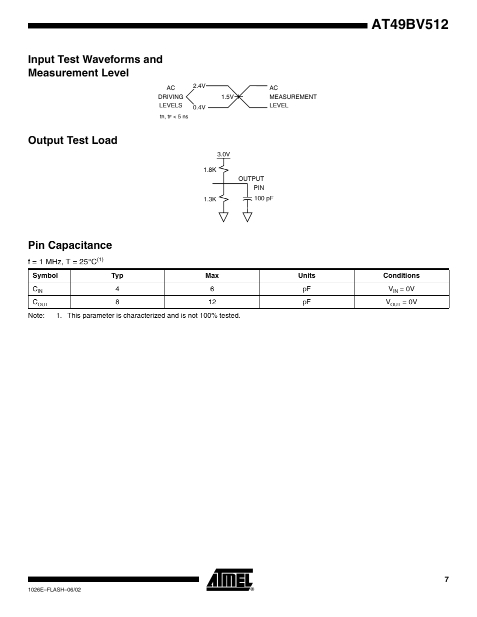 Input test waveforms and measurement level, Output test load, Pin capacitance | Rainbow Electronics AT49BV512 User Manual | Page 7 / 17