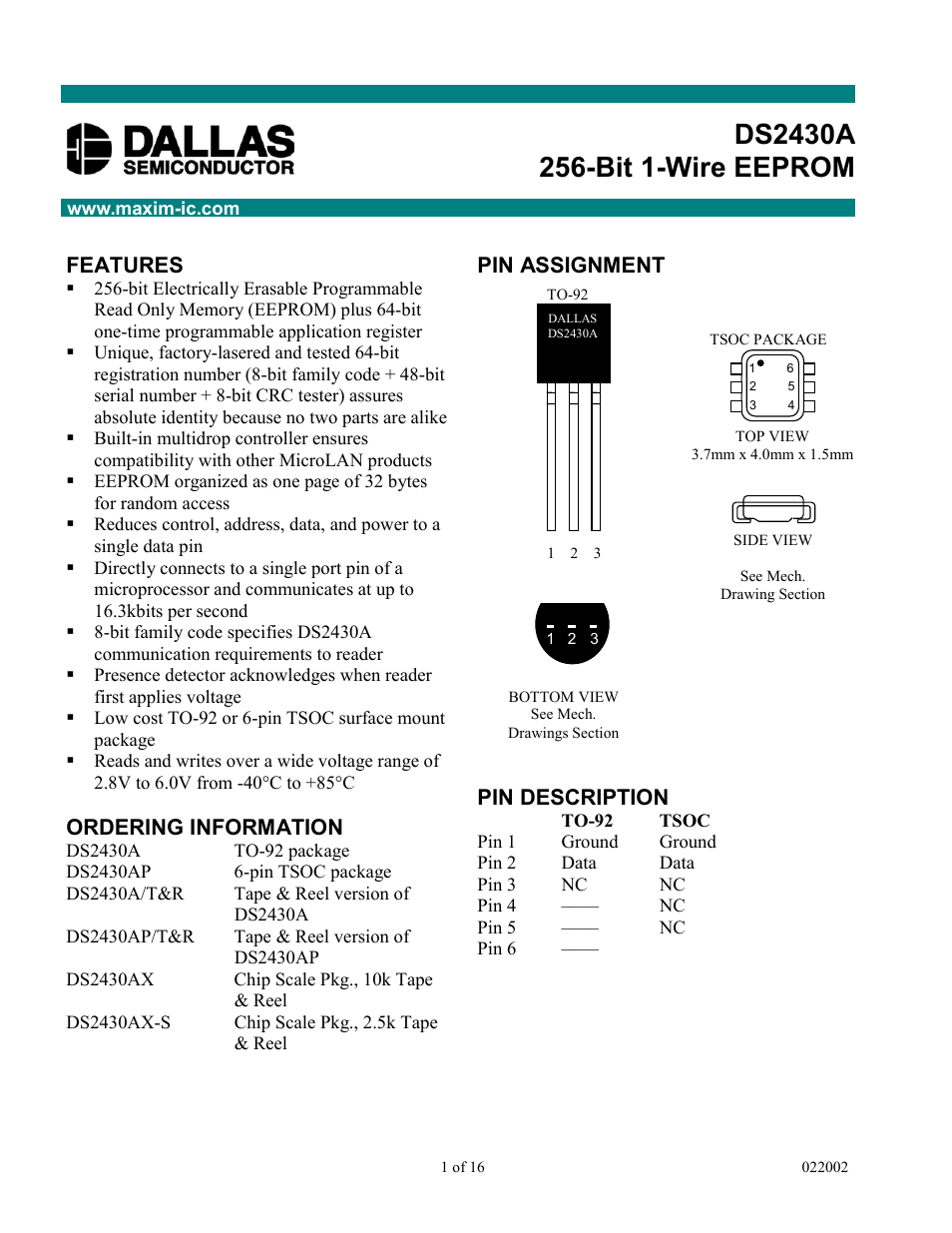 Rainbow Electronics DS2430A User Manual | 16 pages