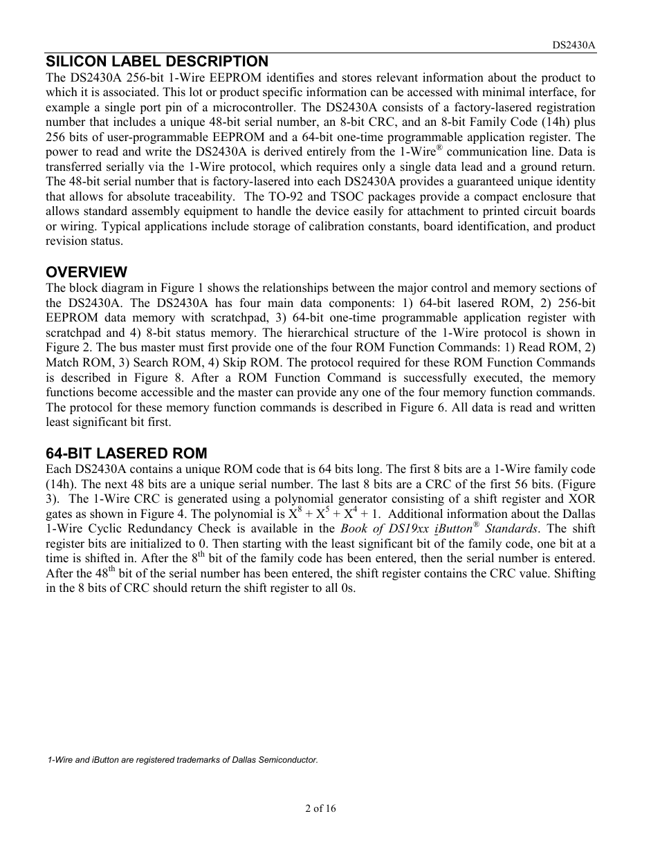 Silicon label description, Overview, Bit lasered rom | Rainbow Electronics DS2430A User Manual | Page 2 / 16
