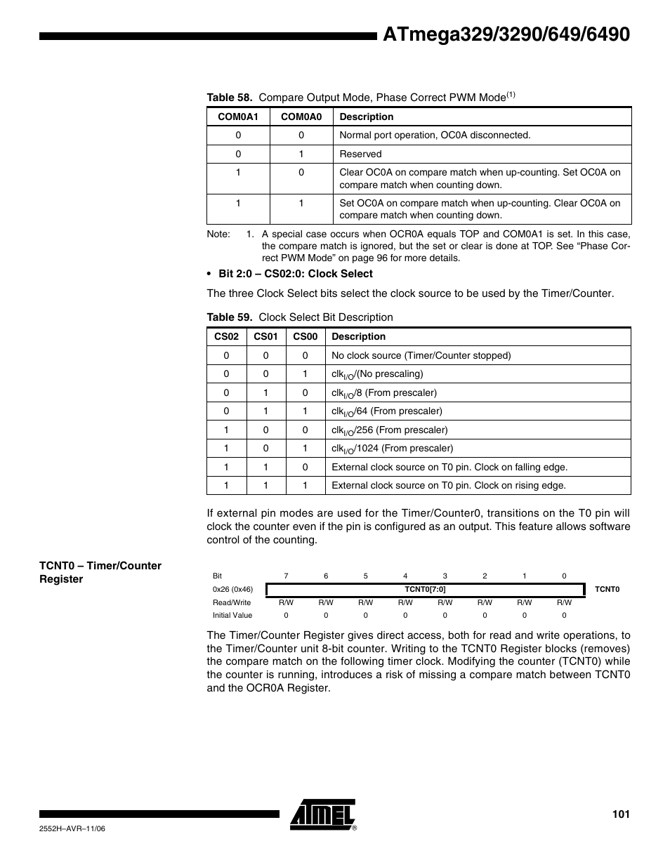 Tcnt0 - timer/counter register | Rainbow Electronics ATmega3290P_V User Manual | Page 101 / 375