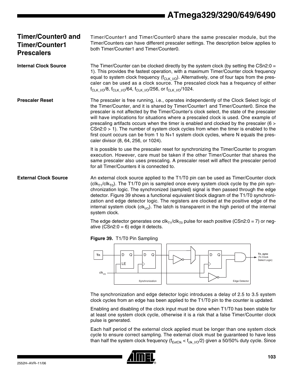 Timer/counter0 and timer/counter1 prescalers, Internal clock source, Prescaler reset | External clock source | Rainbow Electronics ATmega3290P_V User Manual | Page 103 / 375