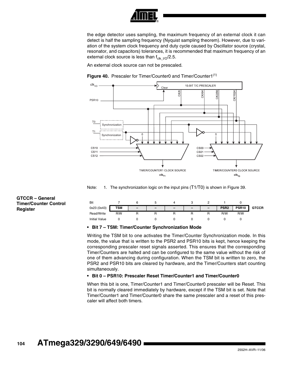 Gtccr - general timer/counter control register, T1/t0) | Rainbow Electronics ATmega3290P_V User Manual | Page 104 / 375