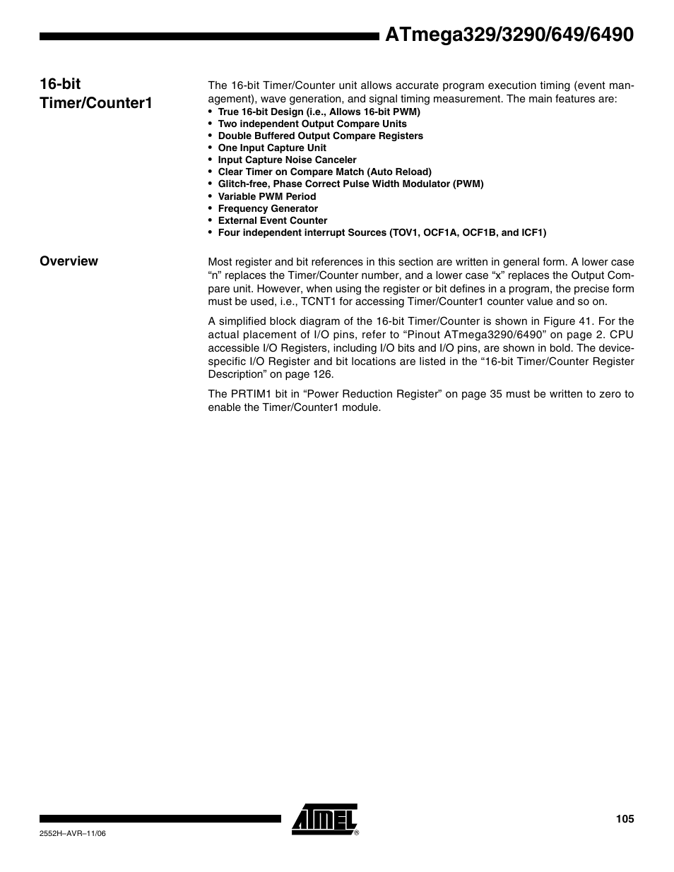 Bit timer/counter1, Overview | Rainbow Electronics ATmega3290P_V User Manual | Page 105 / 375