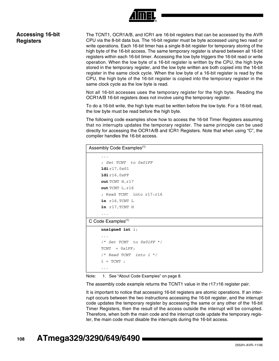 Accessing 16-bit registers | Rainbow Electronics ATmega3290P_V User Manual | Page 108 / 375