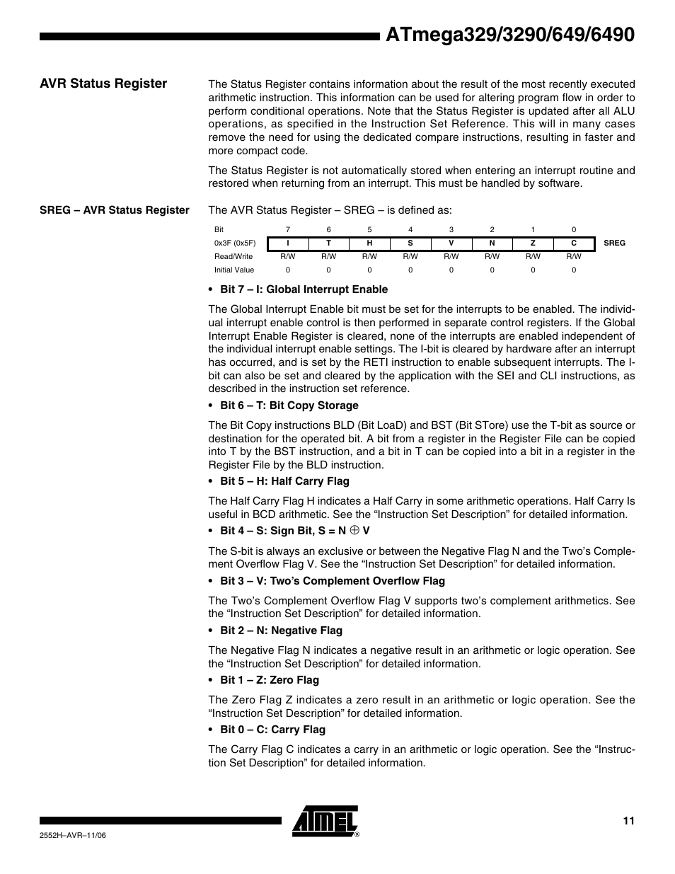 Avr status register, Sreg - avr status register | Rainbow Electronics ATmega3290P_V User Manual | Page 11 / 375