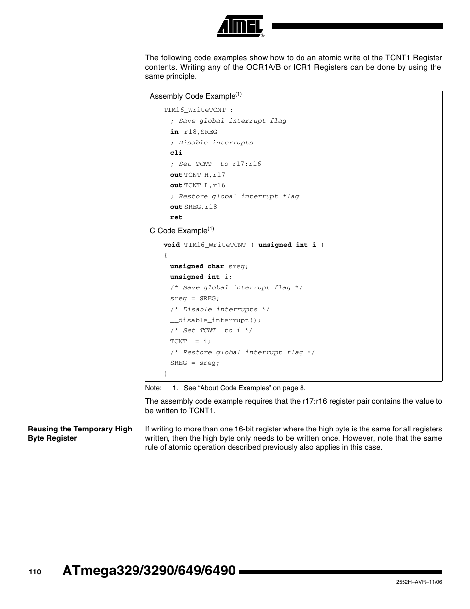 Reusing the temporary high byte register | Rainbow Electronics ATmega3290P_V User Manual | Page 110 / 375