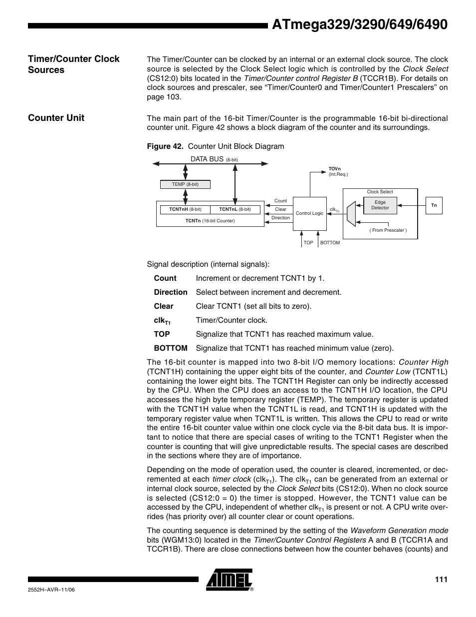 Timer/counter clock sources, Counter unit | Rainbow Electronics ATmega3290P_V User Manual | Page 111 / 375