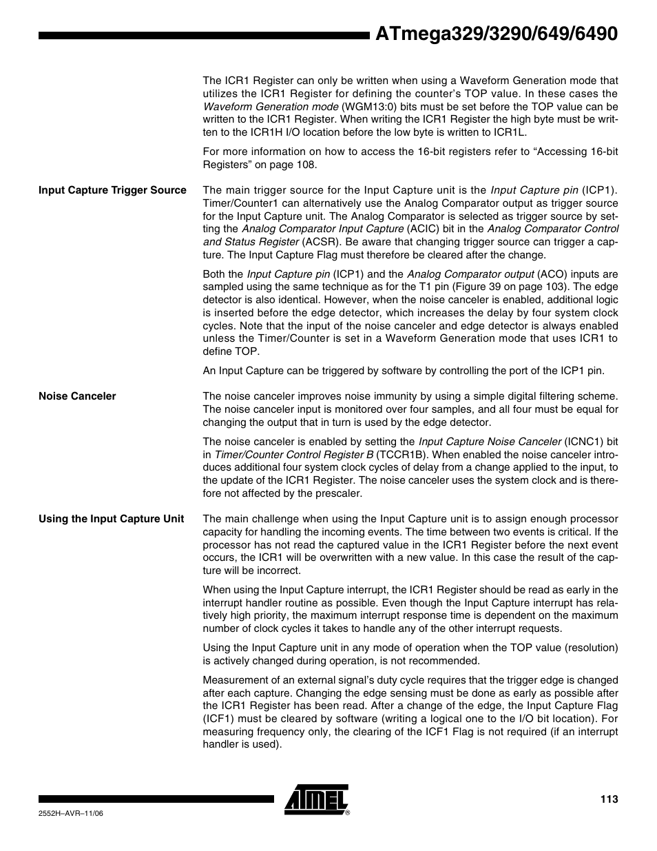 Input capture trigger source, Noise canceler, Using the input capture unit | Rainbow Electronics ATmega3290P_V User Manual | Page 113 / 375