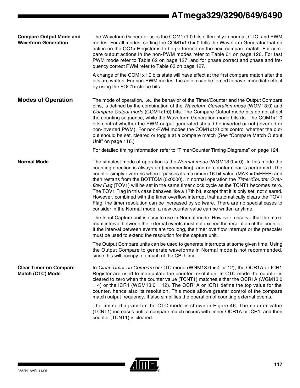 Compare output mode and waveform generation, Modes of operation, Normal mode | Clear timer on compare match (ctc) mode | Rainbow Electronics ATmega3290P_V User Manual | Page 117 / 375