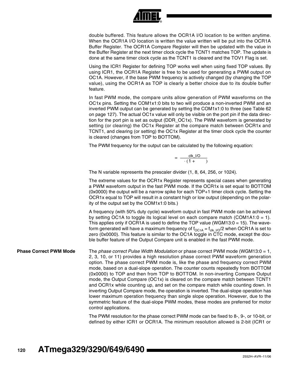 Phase correct pwm mode | Rainbow Electronics ATmega3290P_V User Manual | Page 120 / 375
