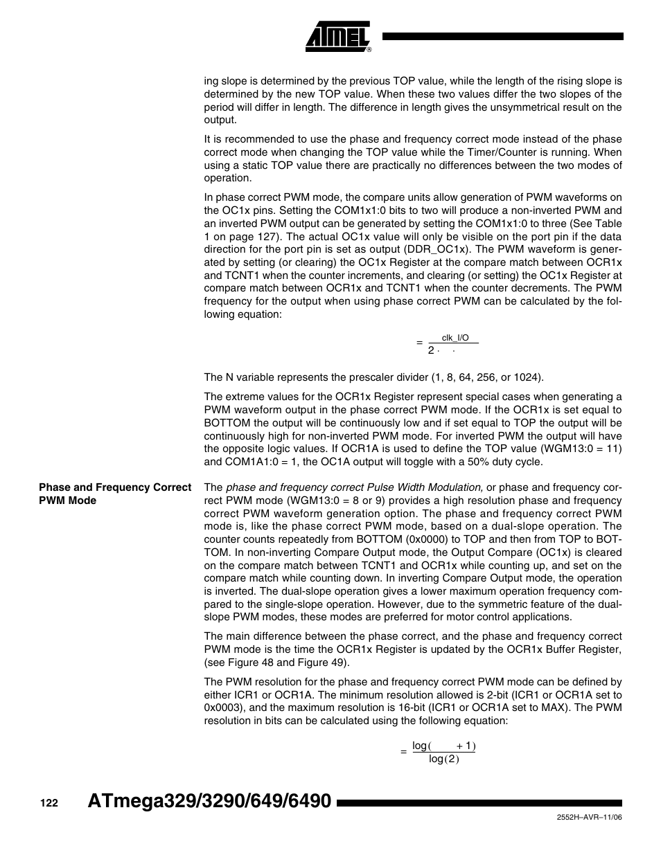Phase and frequency correct pwm mode | Rainbow Electronics ATmega3290P_V User Manual | Page 122 / 375