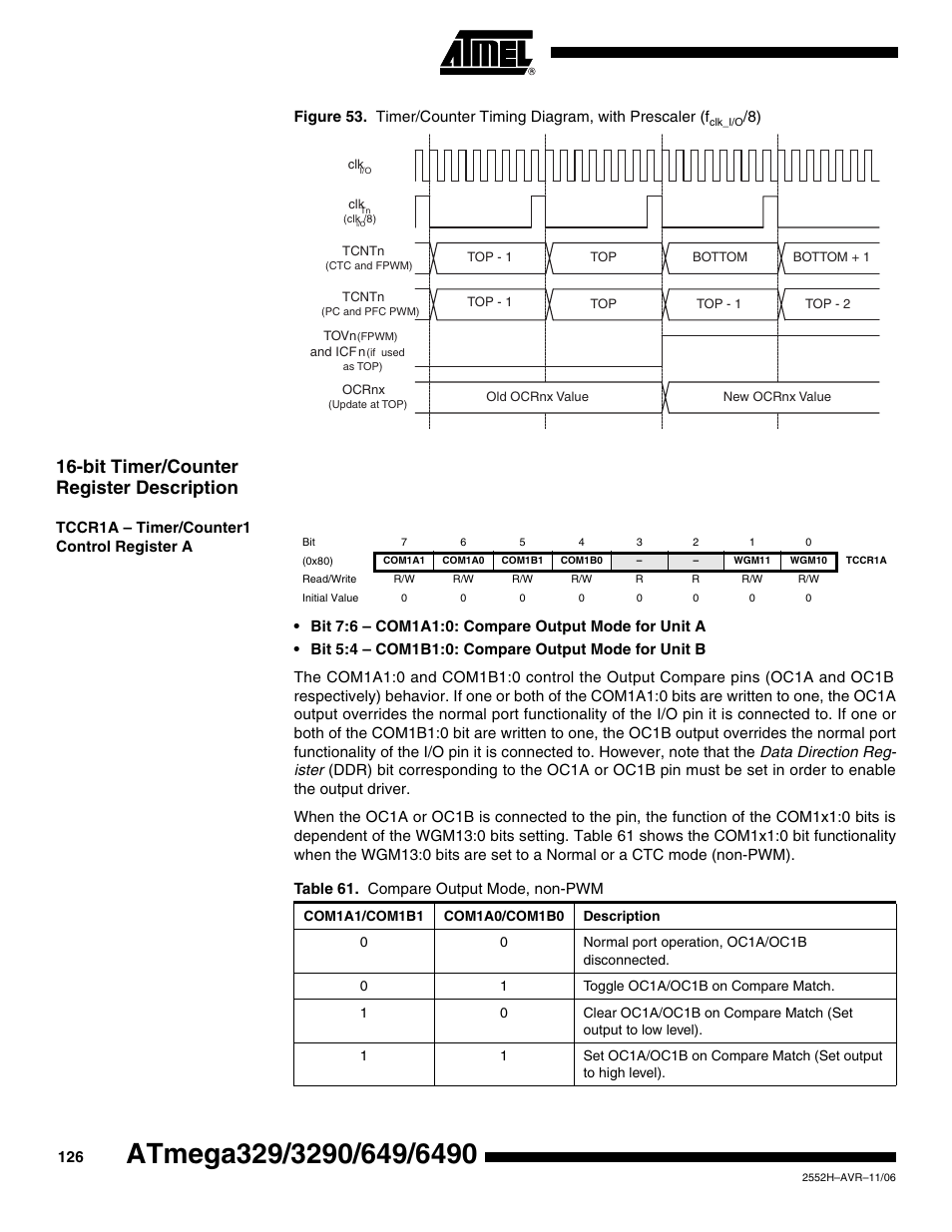 Bit timer/counter register description, Tccr1a - timer/counter1 control register a | Rainbow Electronics ATmega3290P_V User Manual | Page 126 / 375