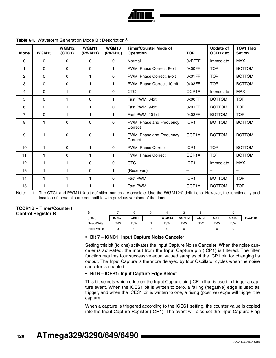 Tccr1b - timer/counter1 control register b | Rainbow Electronics ATmega3290P_V User Manual | Page 128 / 375