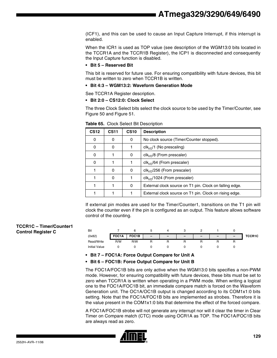 Tccr1c - timer/counter1 control register c | Rainbow Electronics ATmega3290P_V User Manual | Page 129 / 375