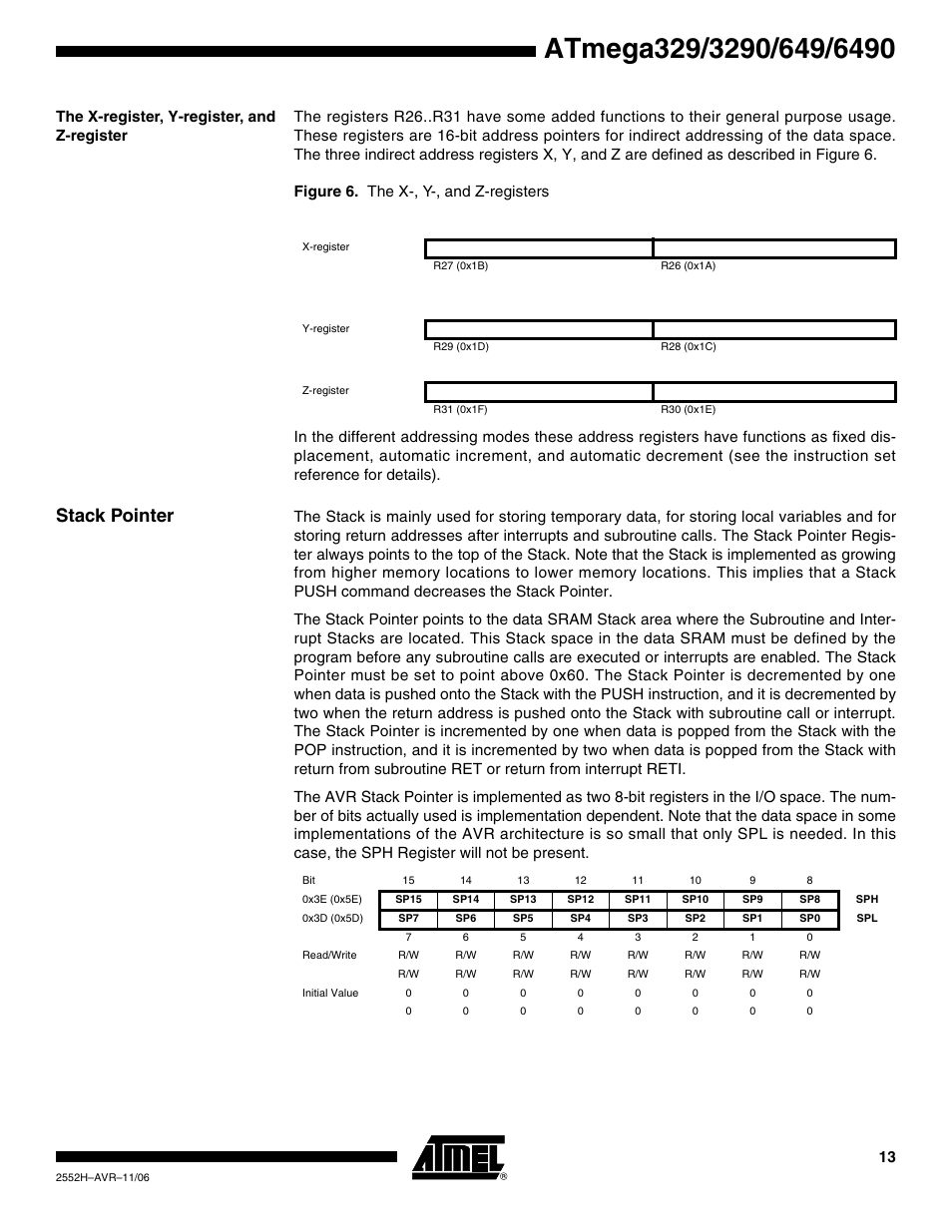 The x-register, y-register, and z-register, Stack pointer | Rainbow Electronics ATmega3290P_V User Manual | Page 13 / 375