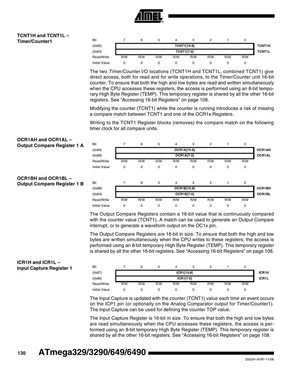 Tcnt1h and tcnt1l - timer/counter1, Ocr1ah and ocr1al - output compare register 1 a, Ocr1bh and ocr1bl - output compare register 1 b | Icr1h and icr1l - input capture register 1 | Rainbow Electronics ATmega3290P_V User Manual | Page 130 / 375