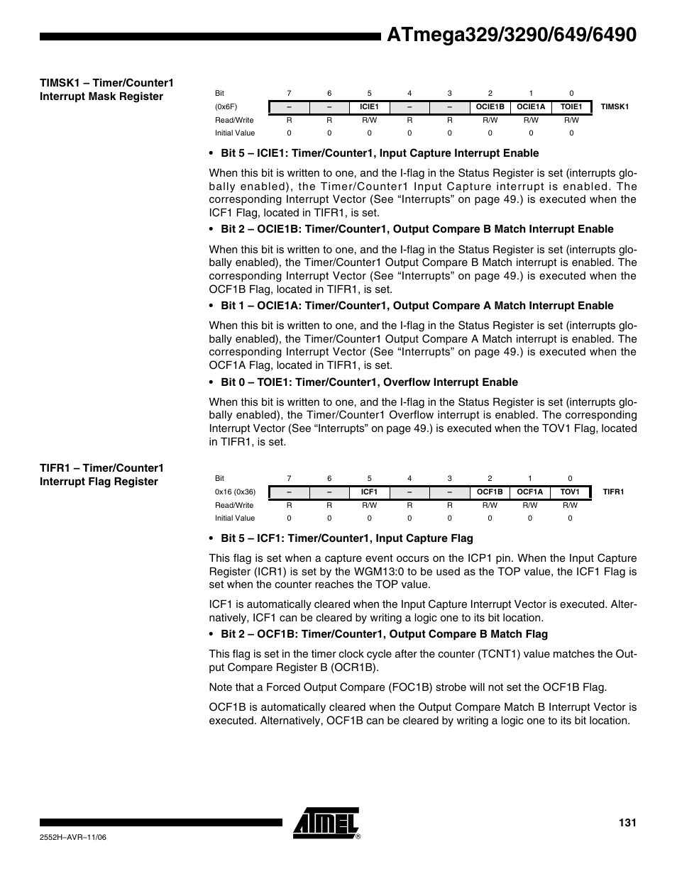 Timsk1 - timer/counter1 interrupt mask register, Tifr1 - timer/counter1 interrupt flag register | Rainbow Electronics ATmega3290P_V User Manual | Page 131 / 375