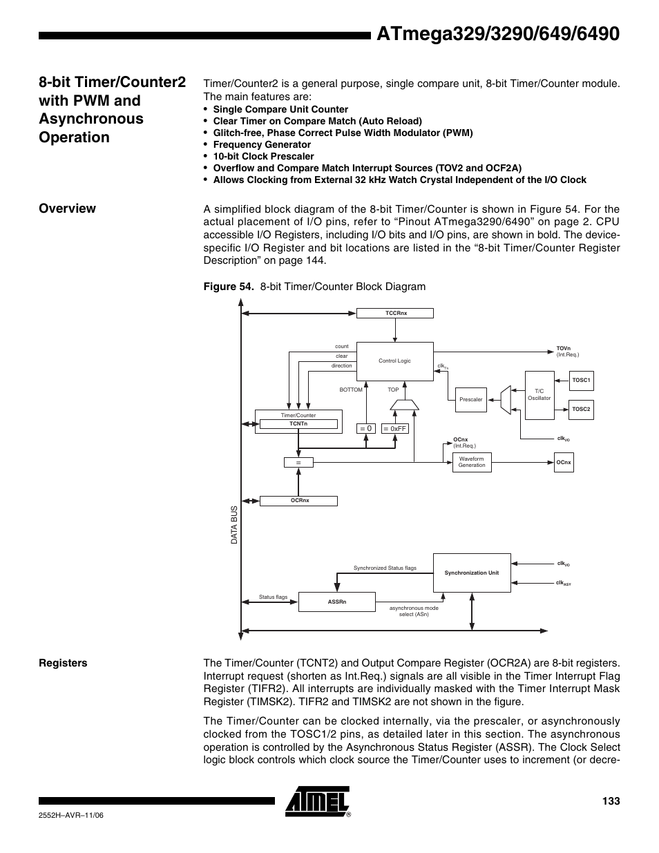 Overview, Registers, Single compare unit counter | Clear timer on compare match (auto reload), Frequency generator, Bit clock prescaler | Rainbow Electronics ATmega3290P_V User Manual | Page 133 / 375