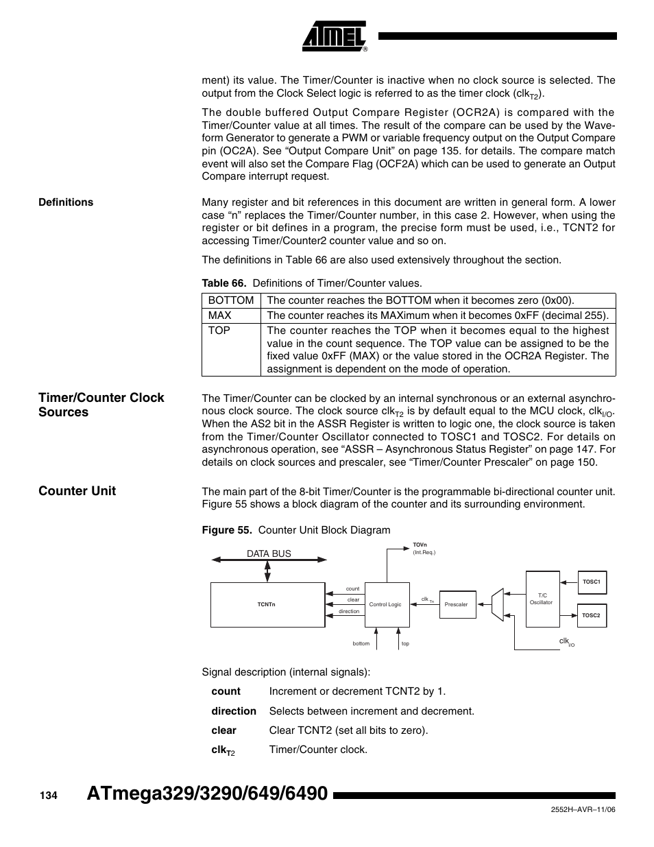 Definitions, Timer/counter clock sources, Counter unit | Rainbow Electronics ATmega3290P_V User Manual | Page 134 / 375