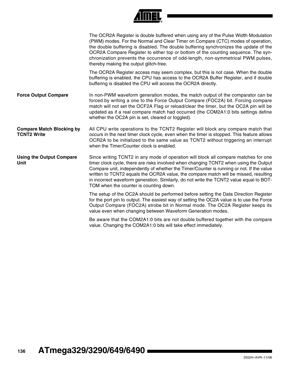 Force output compare, Compare match blocking by tcnt2 write, Using the output compare unit | Rainbow Electronics ATmega3290P_V User Manual | Page 136 / 375