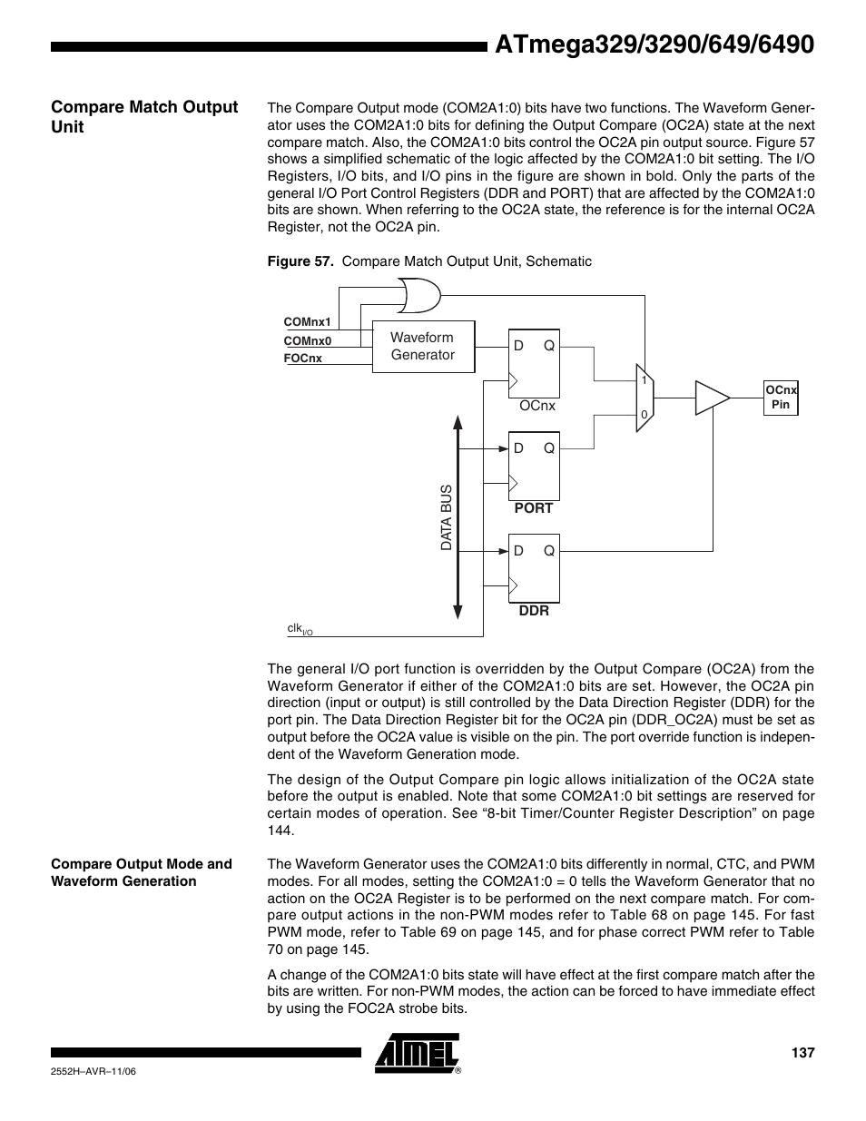 Compare match output unit, Compare output mode and waveform generation | Rainbow Electronics ATmega3290P_V User Manual | Page 137 / 375