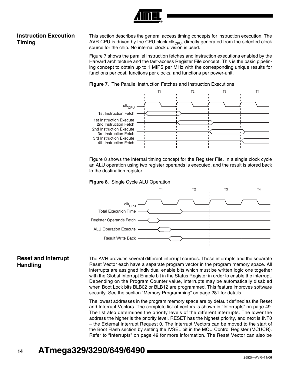 Instruction execution timing, Reset and interrupt handling | Rainbow Electronics ATmega3290P_V User Manual | Page 14 / 375