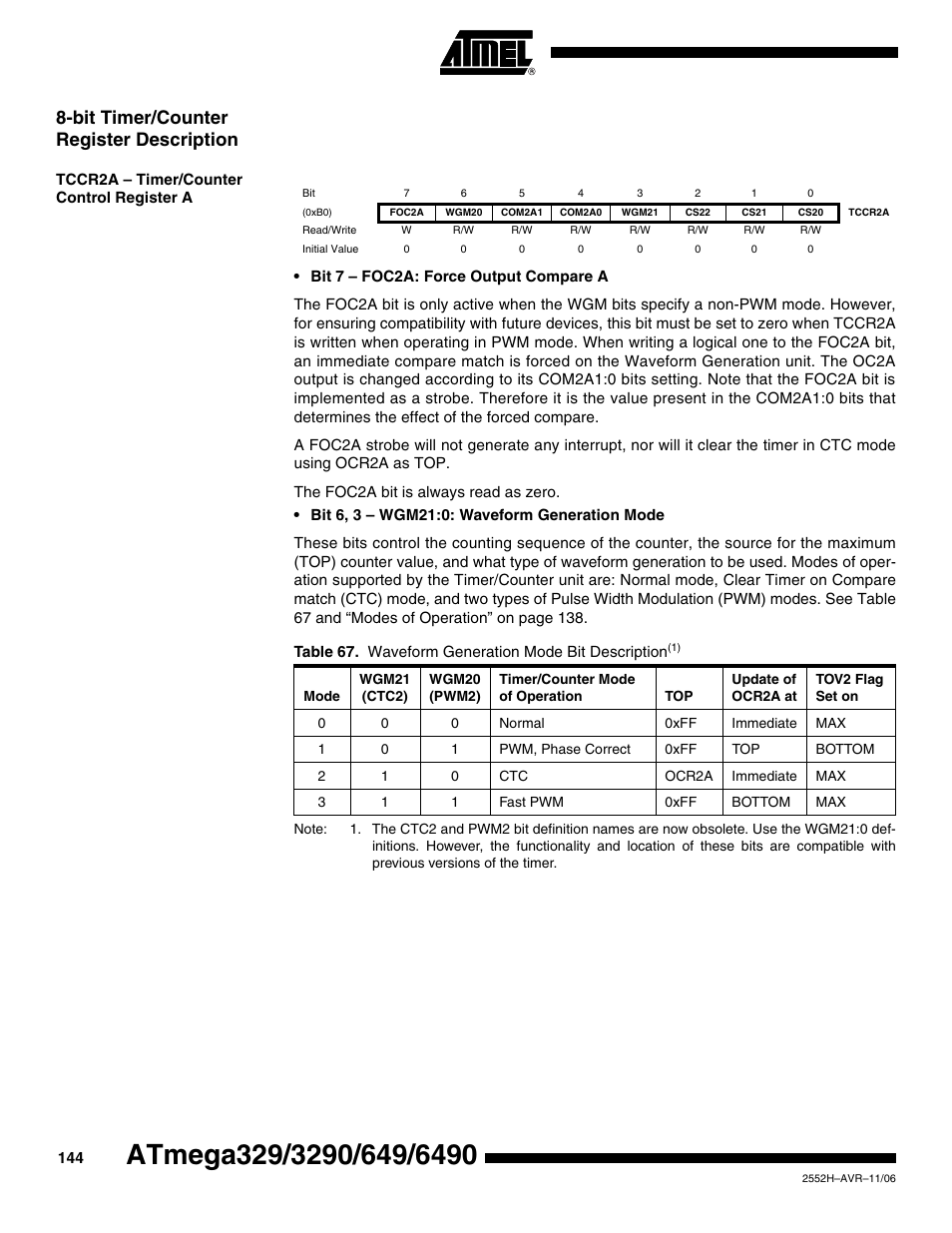 Bit timer/counter register description, Tccr2a - timer/counter control register a | Rainbow Electronics ATmega3290P_V User Manual | Page 144 / 375