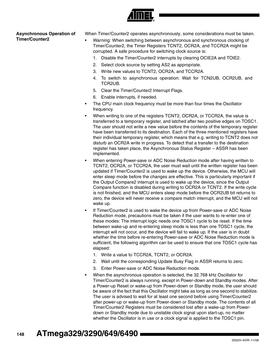Asynchronous operation of timer/counter2 | Rainbow Electronics ATmega3290P_V User Manual | Page 148 / 375