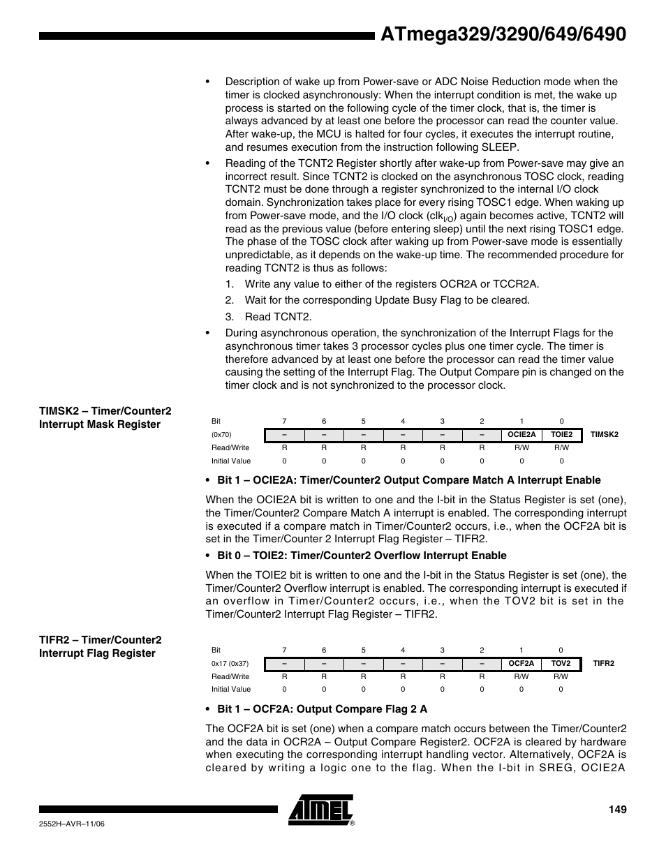 Timsk2 - timer/counter2 interrupt mask register, Tifr2 - timer/counter2 interrupt flag register | Rainbow Electronics ATmega3290P_V User Manual | Page 149 / 375