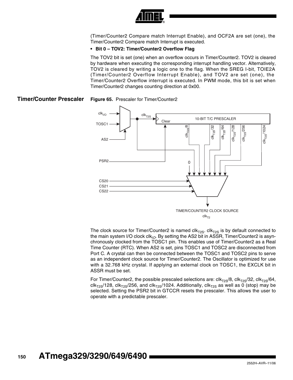 Timer/counter prescaler | Rainbow Electronics ATmega3290P_V User Manual | Page 150 / 375