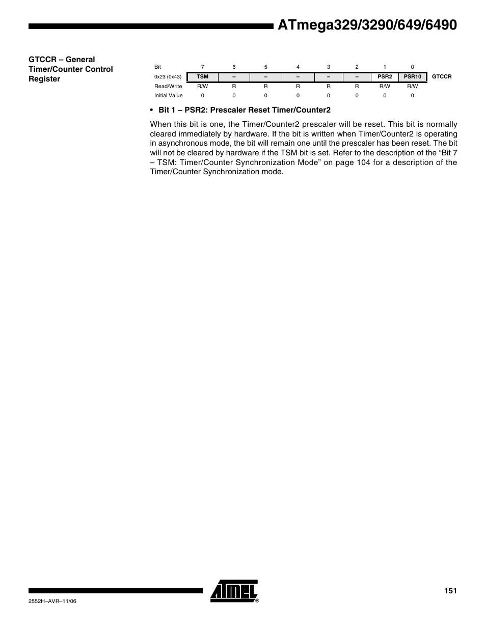 Gtccr - general timer/counter control register | Rainbow Electronics ATmega3290P_V User Manual | Page 151 / 375