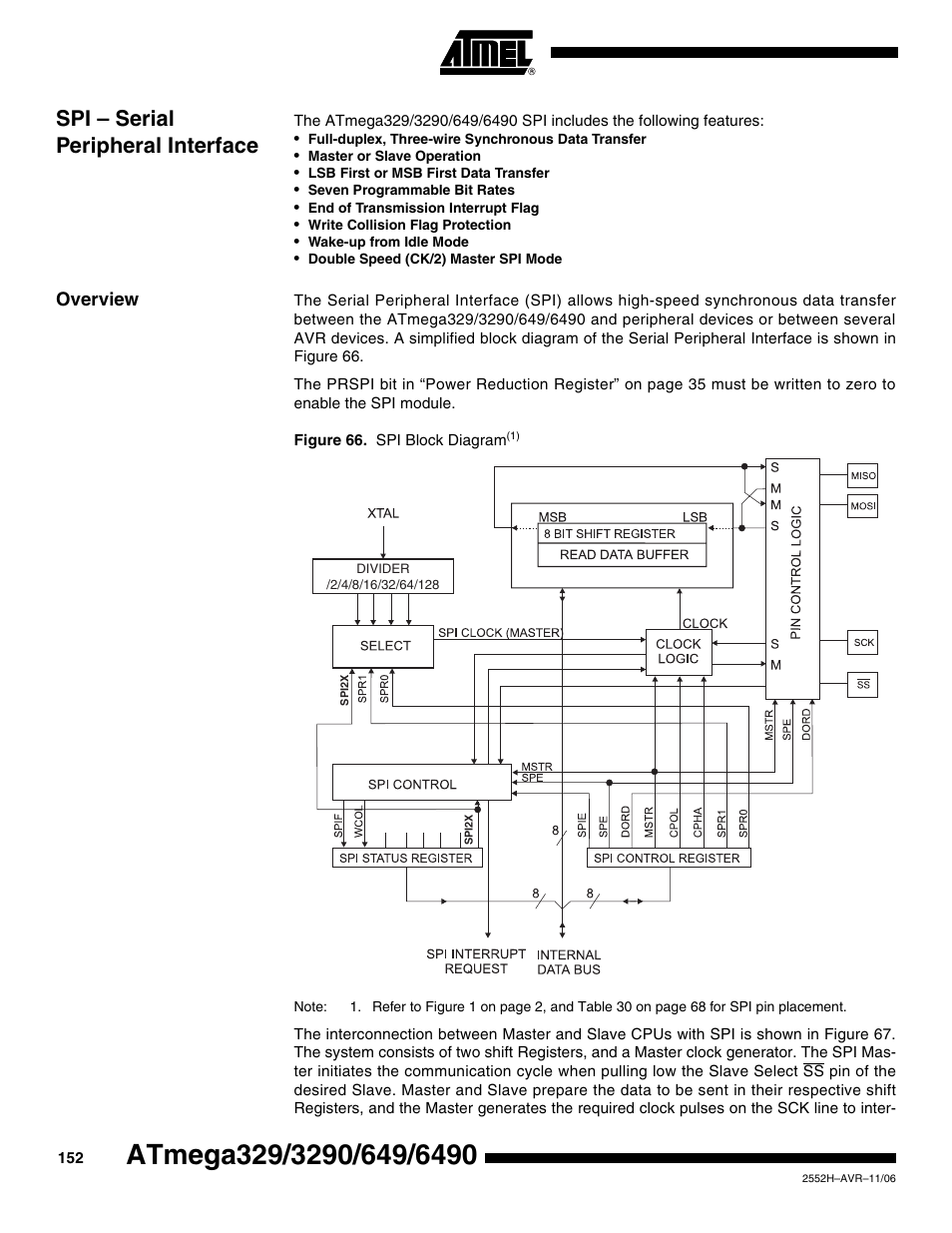 Spi - serial peripheral interface, Overview, Spi – serial peripheral interface | Rainbow Electronics ATmega3290P_V User Manual | Page 152 / 375