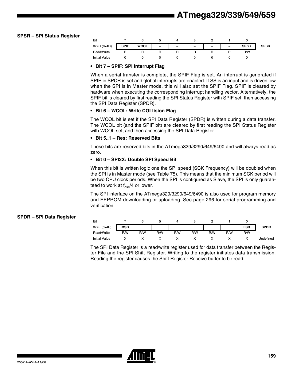 Spsr - spi status register, Spdr - spi data register | Rainbow Electronics ATmega3290P_V User Manual | Page 159 / 375